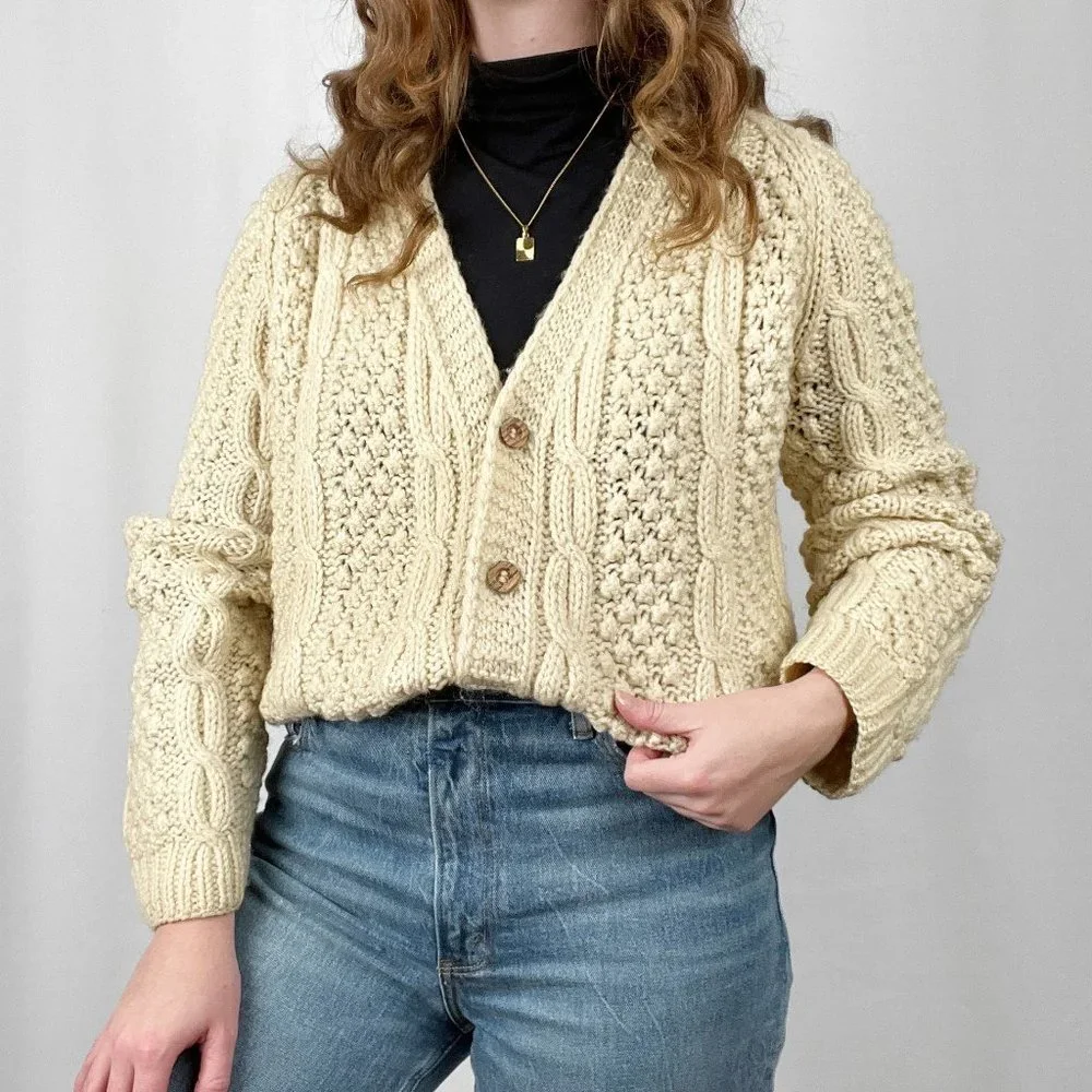 Vintage Hand Knit Oversized Cable Knit Aran Fisherman Cardigan Sweater Grandpa - Picture 4 of 13